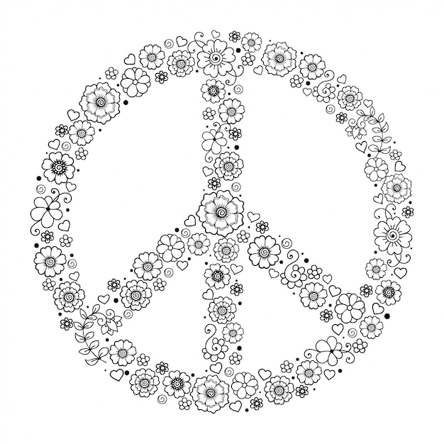 パシフィック 世界の象徴は花でできています ヒッピースタイル 手で愛 平和 平和主義のレトロな看板は落書きスタイルを描画します プレミアムベクター