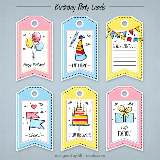 Download Free Vector | Pack of beautiful birthday tags with drawings