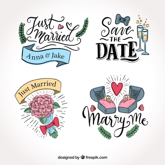 Pack of beautiful wedding labels Free Vector