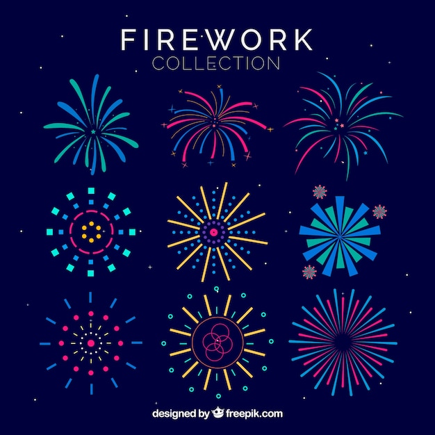 Pack of colorful fireworks in flat design | Free Vector