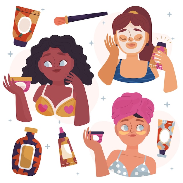 Pack of drawn women doing her skincare routine Free Vector