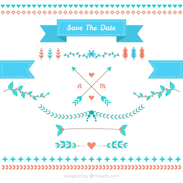 Download Pack of flat wedding elements with blue details | Free Vector