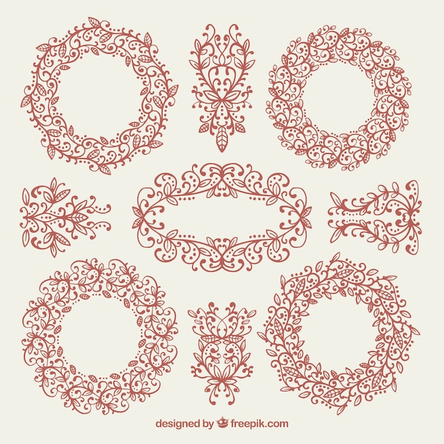 Pack of floral wreaths with other ornamental elements | Free Vector