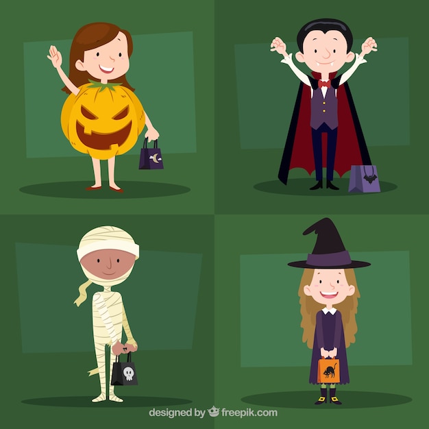 Free Vector | Pack Of Four Children With Halloween Costumes