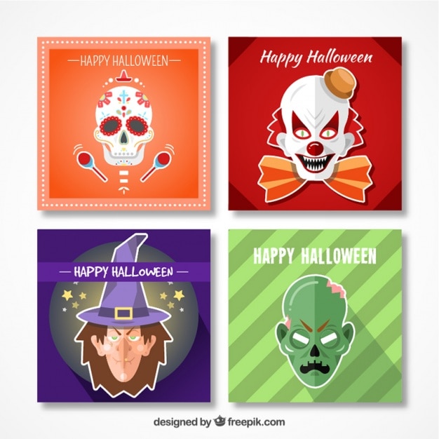 Free Vector | Pack of halloween cards with creepy characters