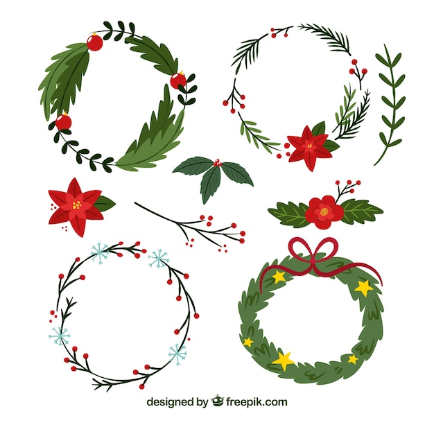 Download Pack of hand-drawn christmas wreaths Vector | Free Download