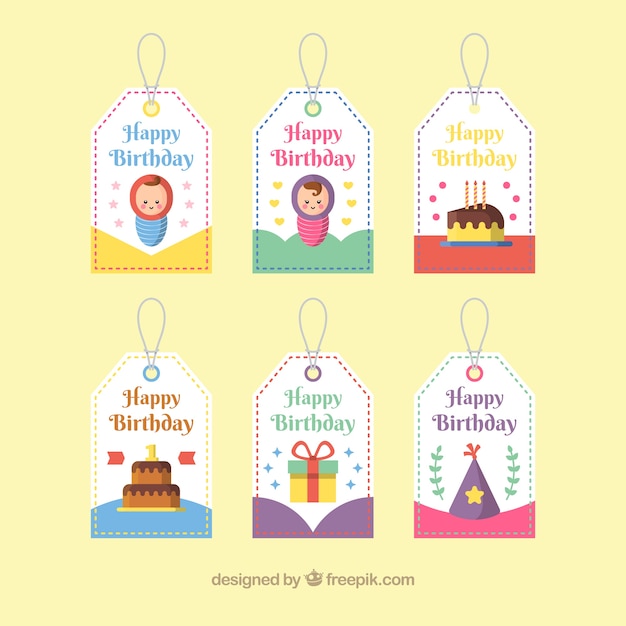 Pack of happy birthday labels Free Vector