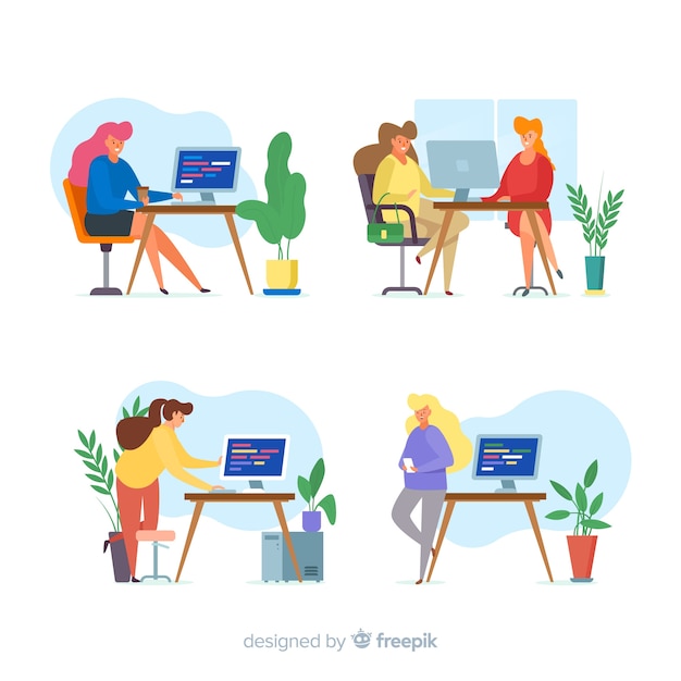 Pack of illustrated programmers working Free Vector