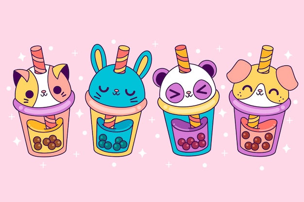 Premium Vector | Pack of kawaii bubble tea