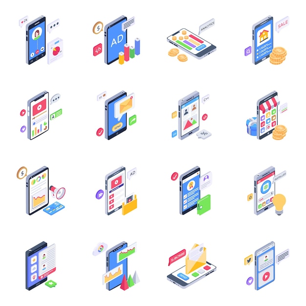  Pack of mobile content isometric icons