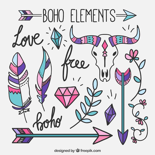 Download Pack of colored hand-drawn boho elements Vector | Free ...