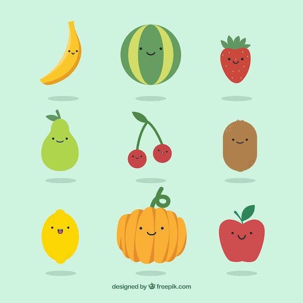 Pack of cute fruit characters with variety of\
facial expressions