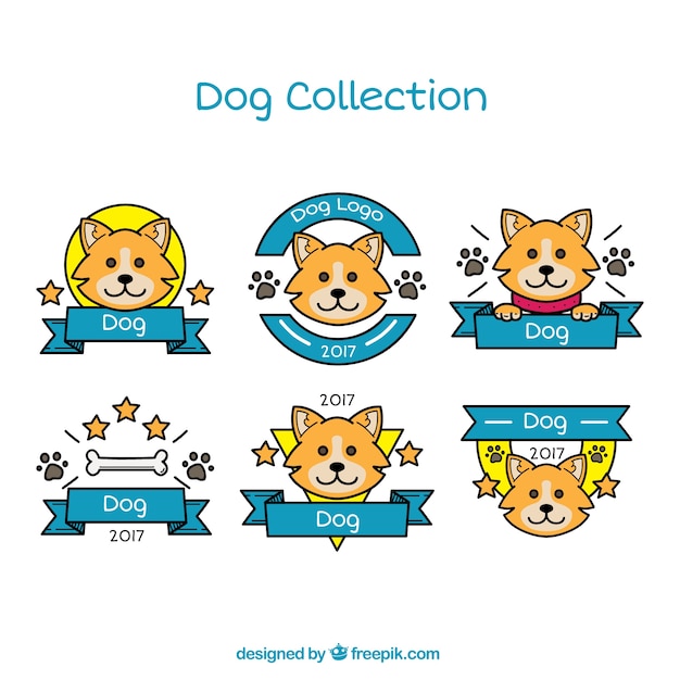 Pack of dog logos with blue ribbons