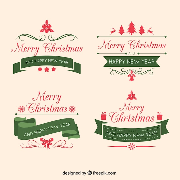 Download Pack of four christmas badges with vintage ribbons Vector ...