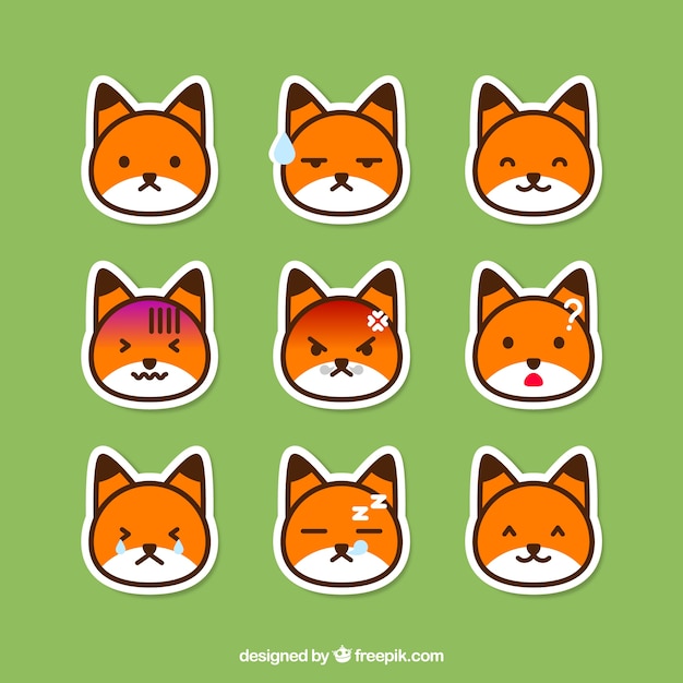 Pack of fox emoticon stickers Vector Free Download