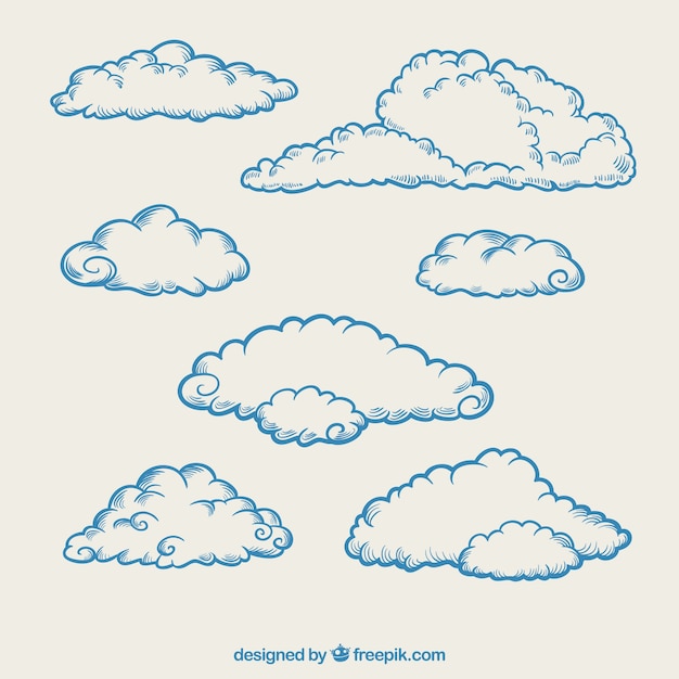 Pack of hand drawn beautiful fluffy clouds Vector Free Download