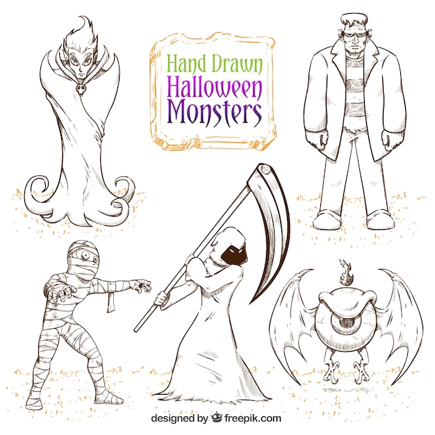 Pack of handdrawn halloween monsters Vector Free Download