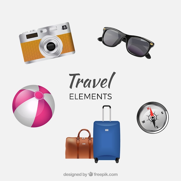 Pack of luggage with sunglasses and other travel items