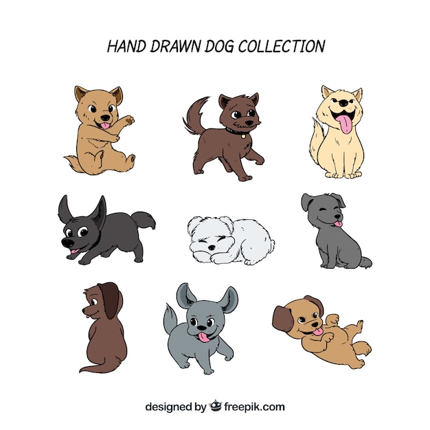 Pack of nine hand-drawn puppies