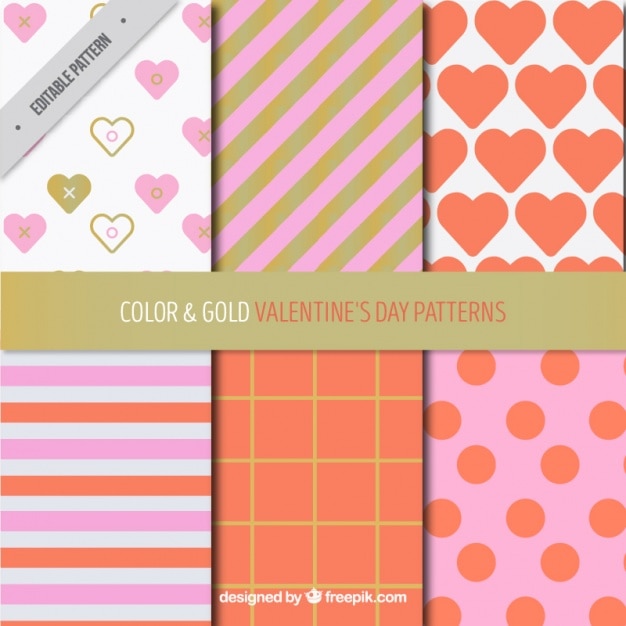 Pack of six valentine's day patterns with golden details Free Vector Pack of six valentine's day patterns with golden details Free Vector