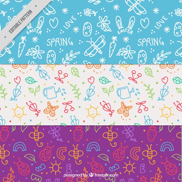 Download Pack of spring patterns with cute doodles Vector | Free ...