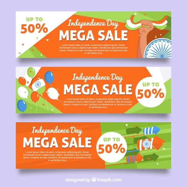 Pack of three abstract banners of sales india independence day