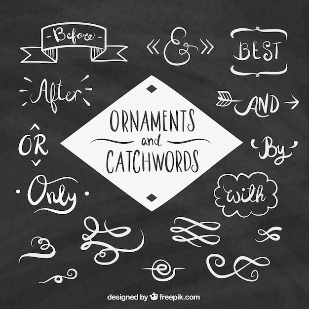 Pack of words and sketches elements for decoration