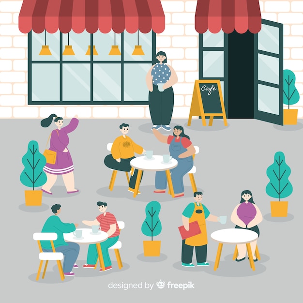 Pack of people sitting at a cafe Vector | Free Download