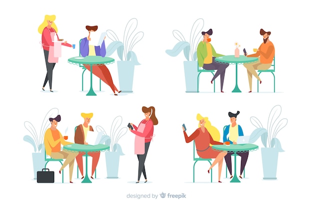 Pack of people sitting at a cafe Free Vector