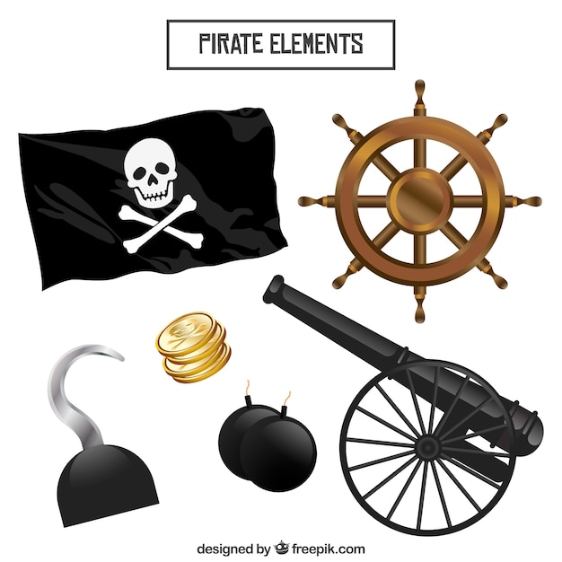 Download Pack of pirate flag with other elements | Free Vector