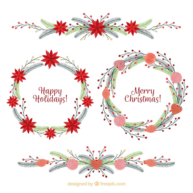 Free Vector | Pack of retro hand-drawn christmas wreaths