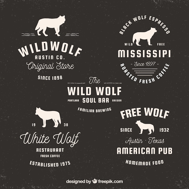 Download Pack of retro logos with wolf silhouettes Vector | Free ...