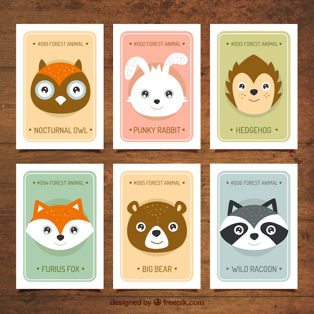 Free Vector Pack Of Six Cards With Cute Wild Animals