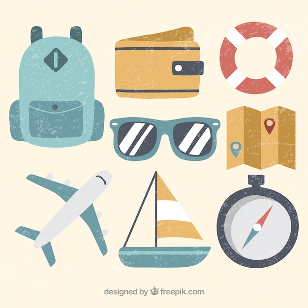 Download Pack sunglasses with travel elements Vector | Free Download