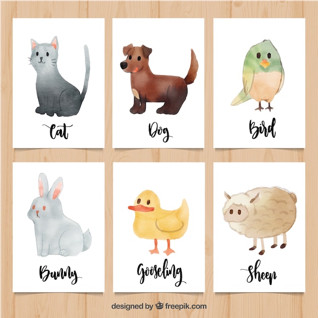 Pack of watercolor cards with cute animals | Free Vector