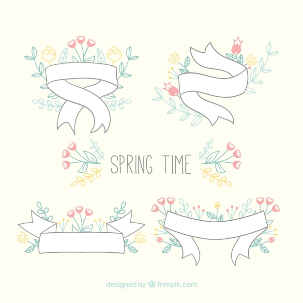 Pack of white ribbons with flowers | Free Vector