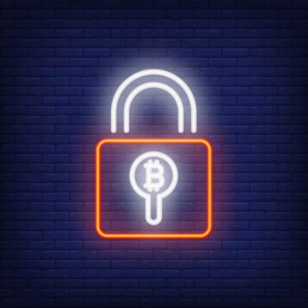 Padlock with bitcoin neon sign. red padlock with bitcoin symbol inside of hole. | Free Vector