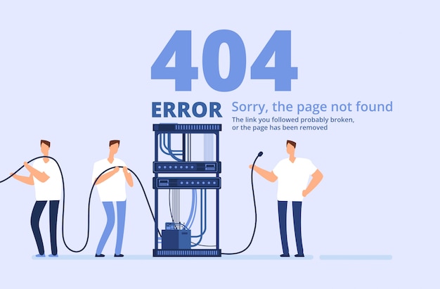 Page 404 error illustration. sorry, page not found web site template with server and network adminis