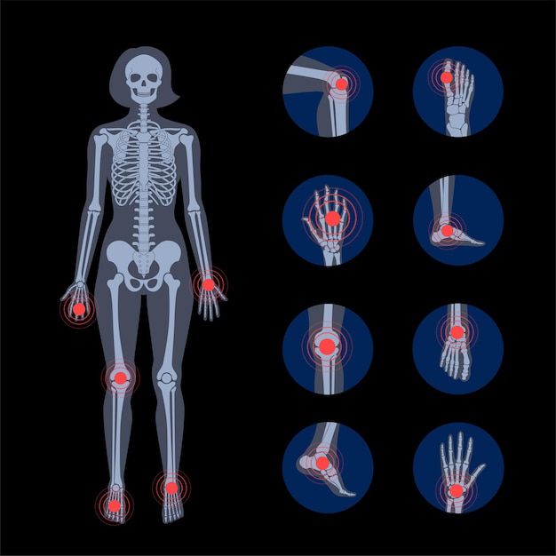  Pain in human body. female skeleton silhouette. Premium Vector
