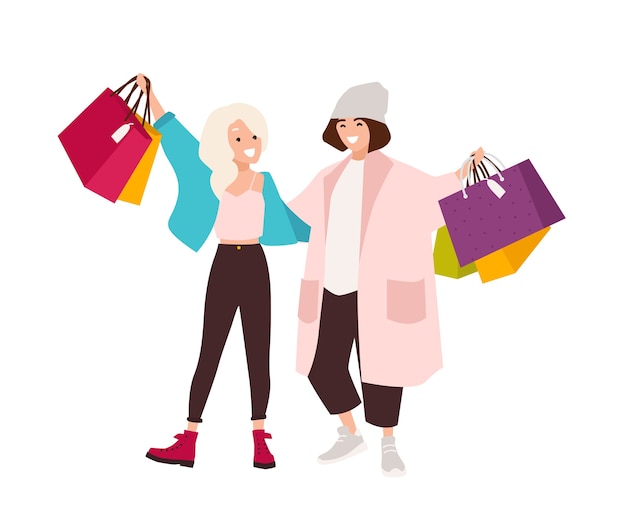 Premium Vector | Pair of happy teenage girls carrying shopping bags