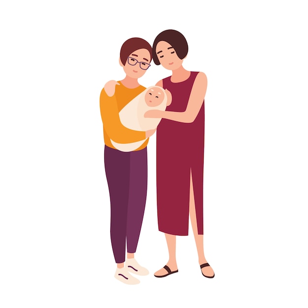 一緒に立って 生まれたばかりの赤ちゃんを押しながら笑顔のかわいい同性愛者の女性のペア 子供と幸せなlgbt 家族 白い背景で隔離のフラットの漫画のキャラクター カラフルなイラスト プレミアムベクター