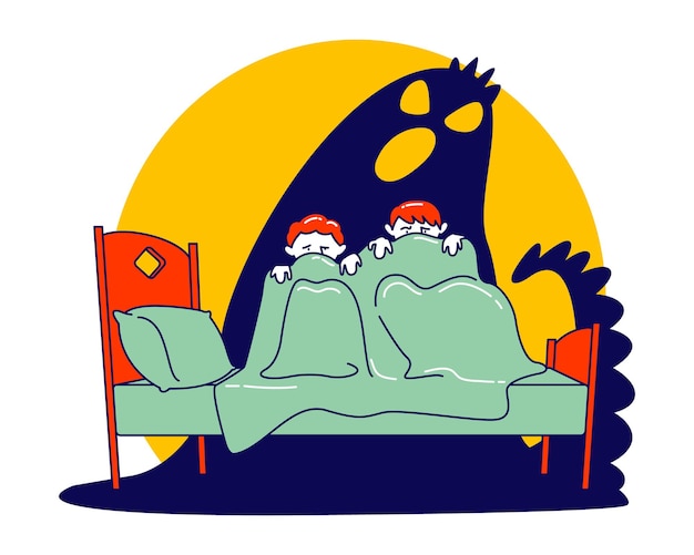 ベッドに座って 毛布の下で恐ろしい幽霊から隠れている小さな怖い子供たちのペア 漫画フラットイラスト プレミアムベクター