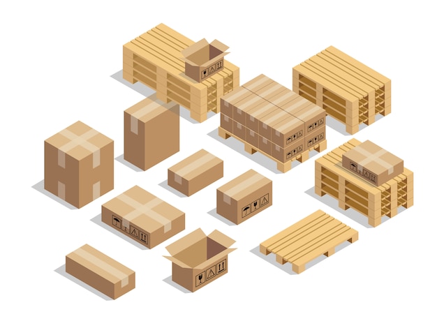 Pallets for shipment with cardboard and isometric style Premium Vector