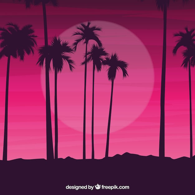 Palm tree silhouettes against a night\
sky