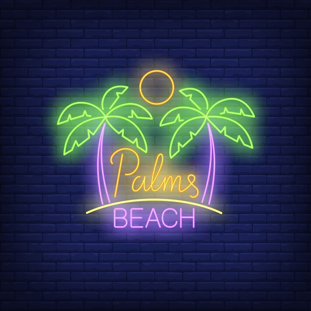 Free Vector | Palms, beach neon text with sun