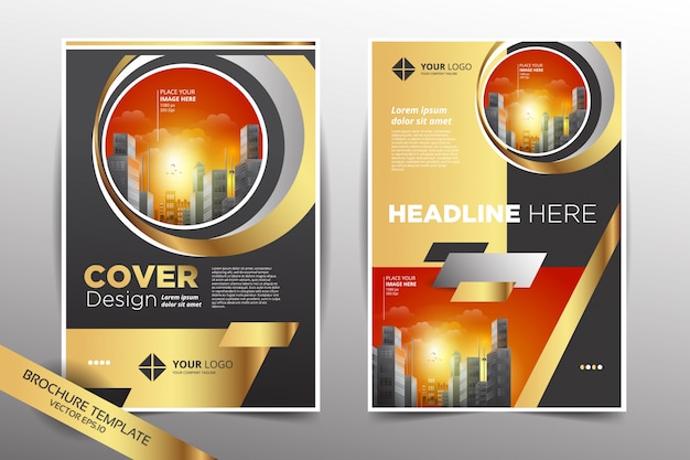 Premium Vector | Pamphlet design template with city background in gold ...