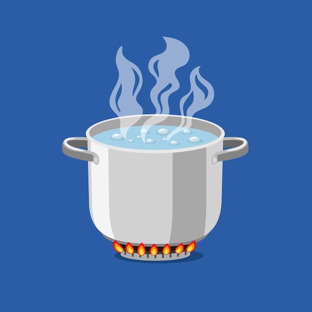 火でパンします 熱い沸騰したお湯 青い背景で隔離の炎のガスでキッチンの調理オブジェクトのベクトルイラストと漫画の鍋 プレミアムベクター