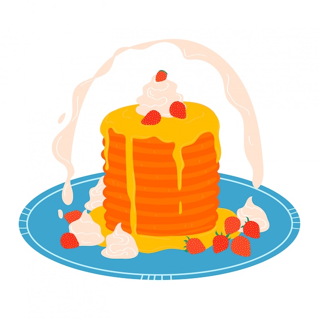 プレートのパンケーキスタック 朝食コンセプトアイコンが白 漫画イラストで隔離 食欲をそそる甘いデザートのペストリー プレミアムベクター