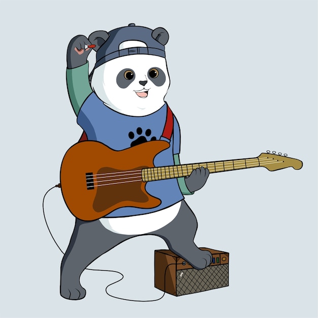 帽子をかぶってギターのイラストを弾くパンダ プレミアムベクター