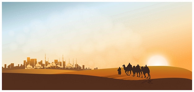 Panorama landscape of arabian journey with camels through the desert with mosque, traveler with camels, sand dune, dust and twilight. Premium Vector